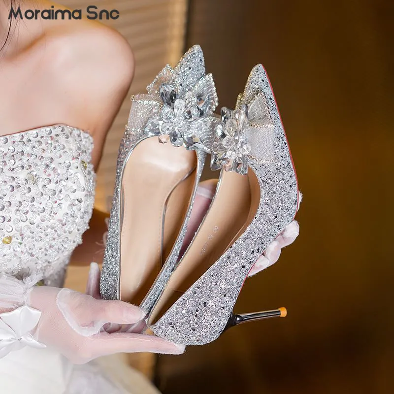 

Crystal Flower Butterfly Wedding Shoes Fashion Sequin Glitter Women's Shoes Pointed Toe Stiletto Heel Air Quality High Heels