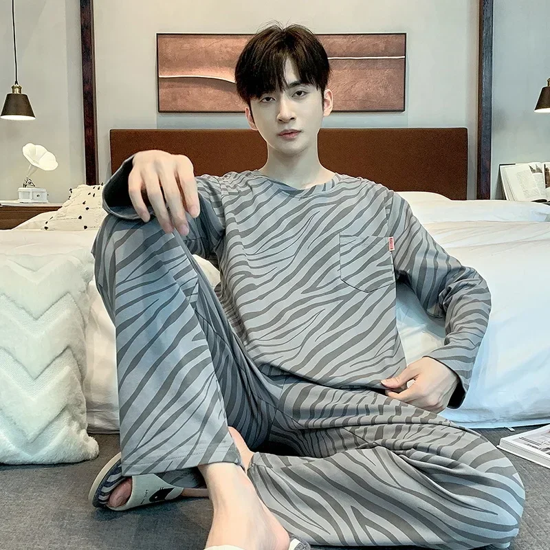 Men's Pajamas New Style Cotton Long-sleeved Waffle Pajama Sets for Men Can Wear Outside in Spring and Autumn