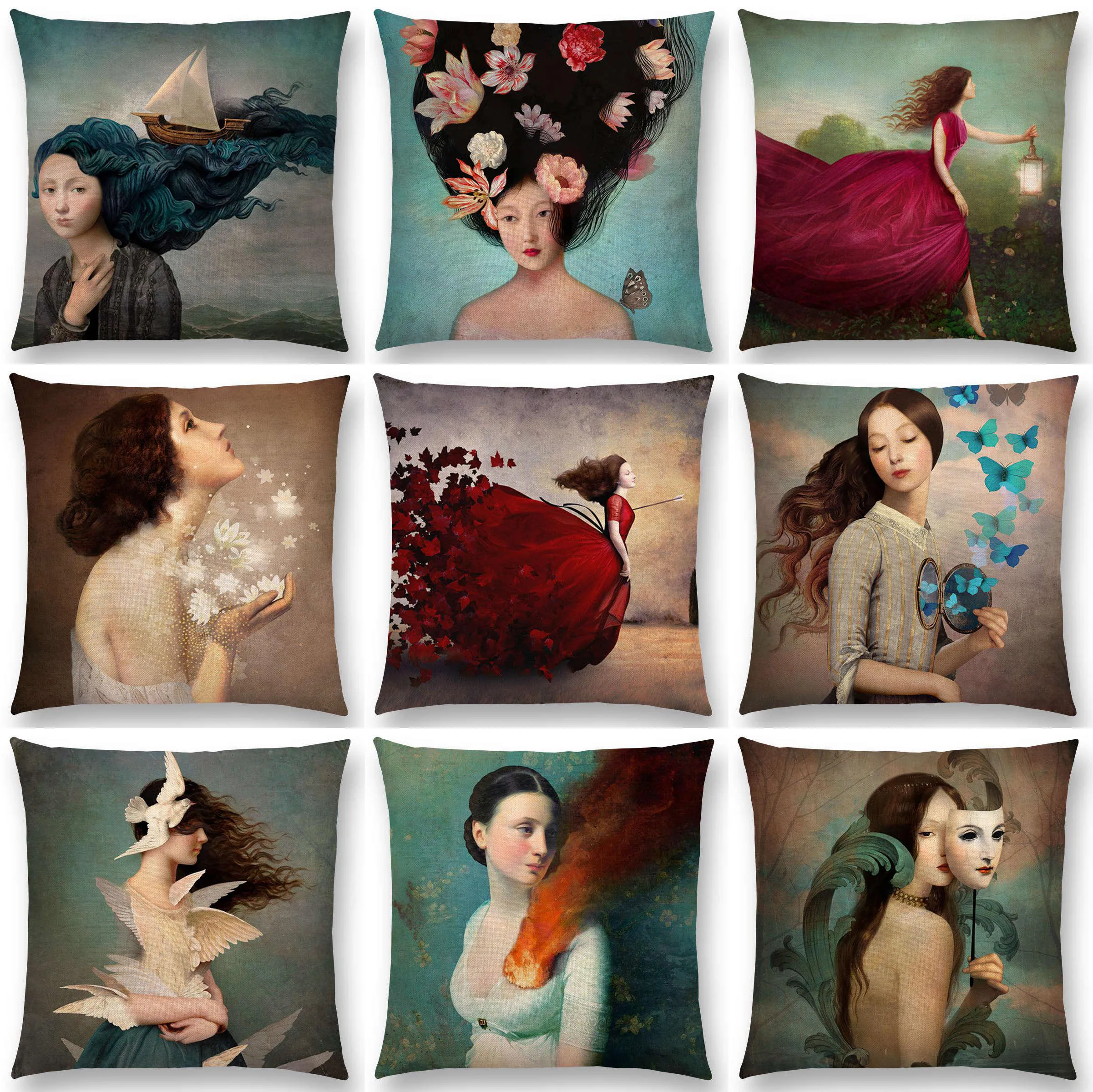 

45x45cm Elegant Lady Lovely Girl Shakespeare Dramatic Fantasy Painting Desire For Free Mind Sea Pillow Case Huge Pillow Case