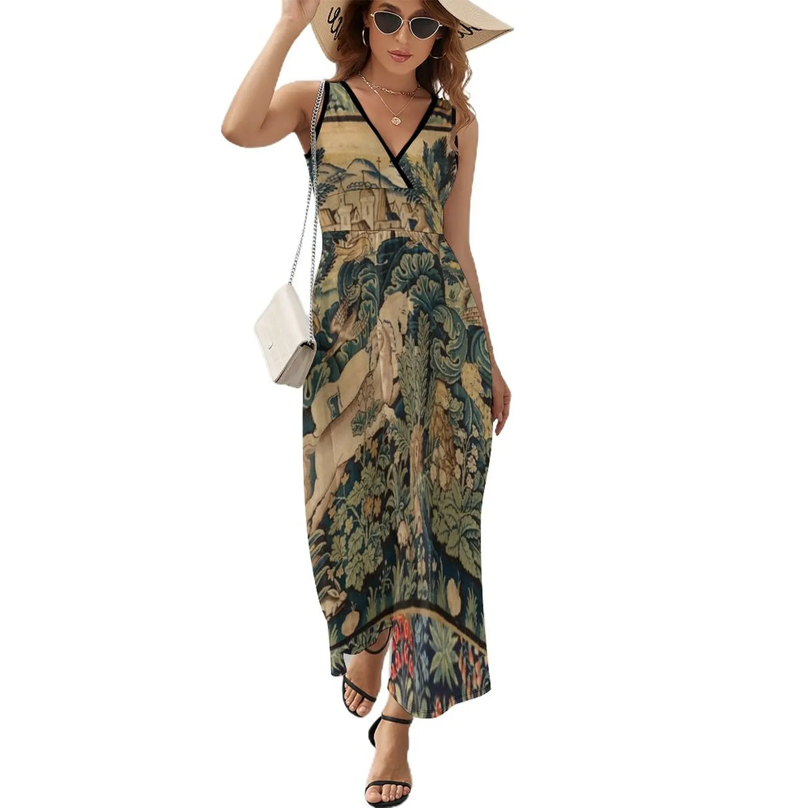 

FANTASTIC ANIMALS AND HORSES IN WOODLAND Blue Green Ivory Antique French Tapestry Sleeveless Dress women's evening dresses 2023