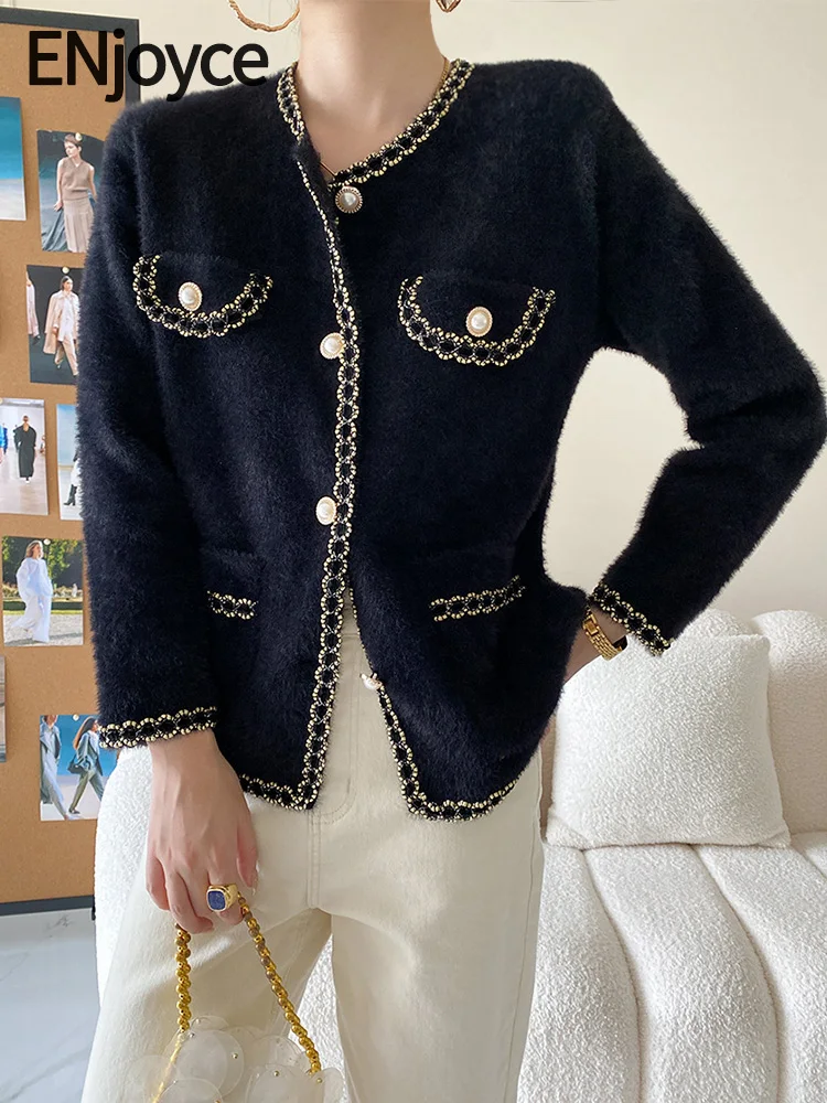 

Женский укороченный жакет ENjoyce, однобортный вязаный жакет во французском стиле, с круглым вырезом, весна-осень