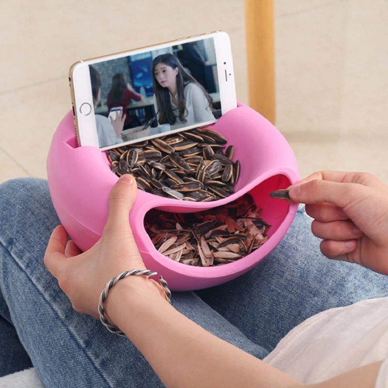 1 PCS Modern Living Room Creative Shape Lazy Snack Bowl Plastic Double Layers Lazy Fruit Plate Bowl with Cellphone Holder Slot