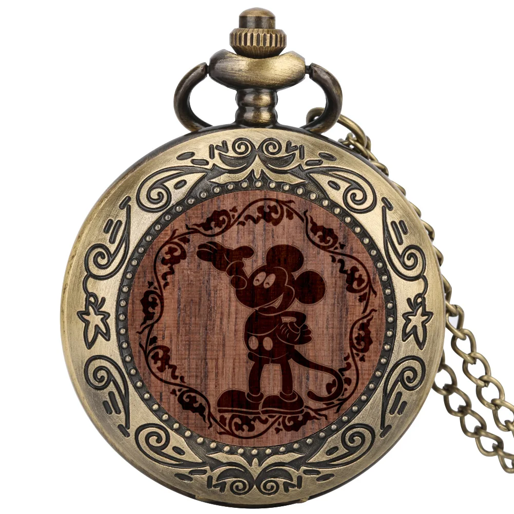 

Vintage Comic Cartoon Bronze Mouse Pattern Quartz Wood Pocket Watch Necklace Wooden Pendant FOB Antique Clock with 30cm Chain