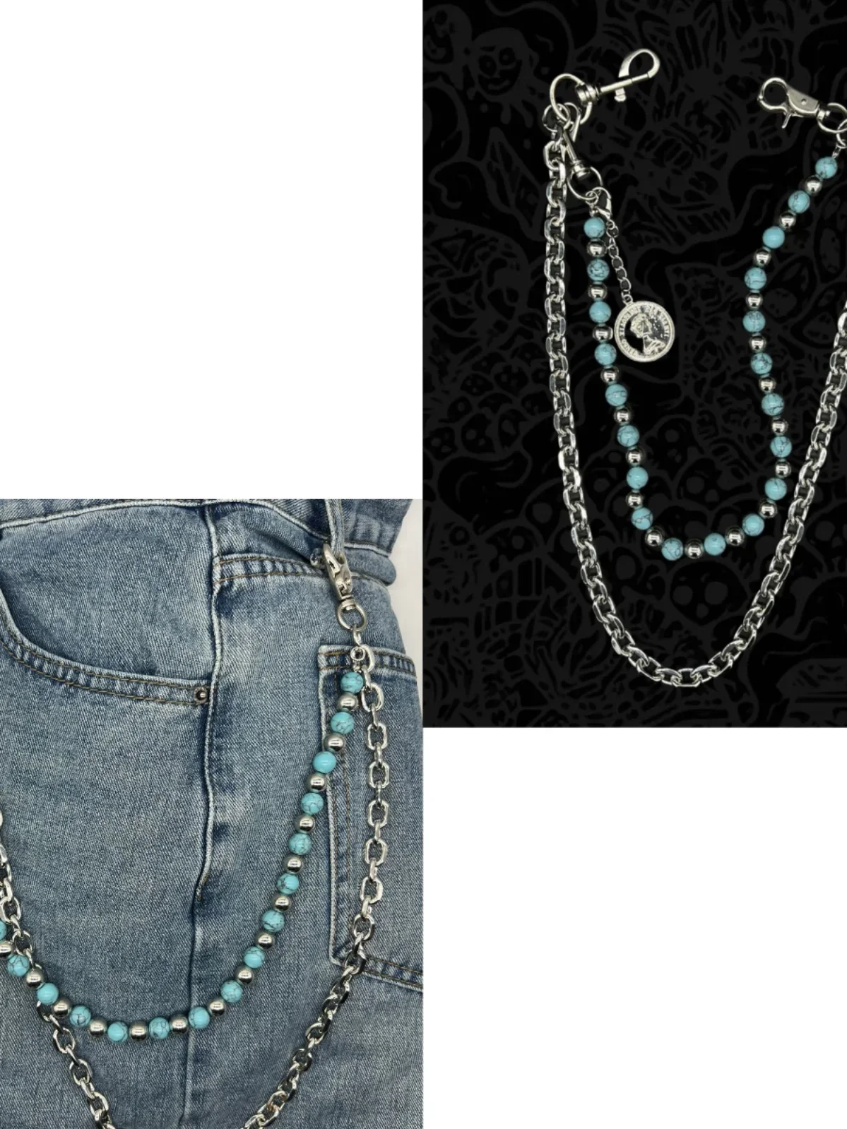파란색 배경 검은색 패턴 터키석 수제 비즈 바지 체인 레트로 스트리트 단면 탈부착 펜던트 DIY 액세서리
