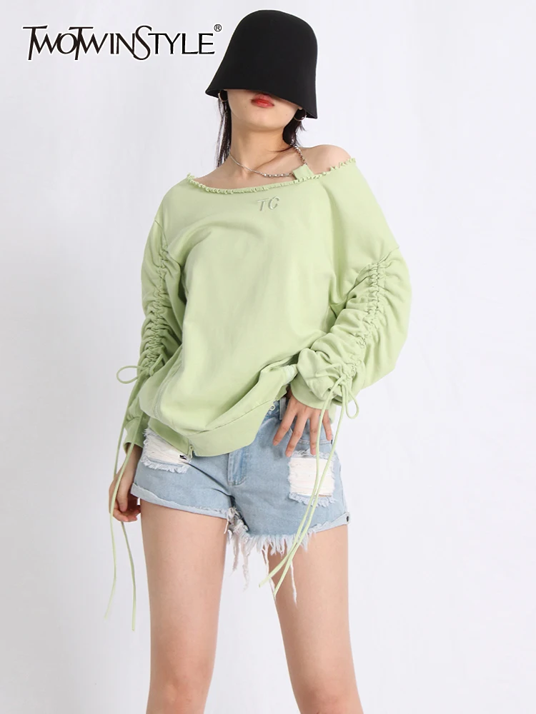 

TWOTWINSTYLE Patchwork Drawstring Sweatshirts For Women Slash Neck Long Sleeve Loose Spliced Zipper Solid Sweatshirt Female 2023
