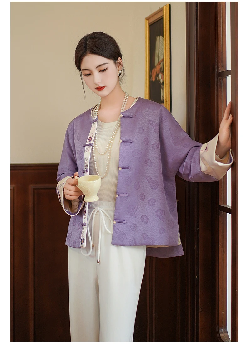 Spring And Autumn New Chinese Style High-End O-Neck Retro Single Breasted Jacket Elegant Purple Jacquard +Embroidery Top S-XXL