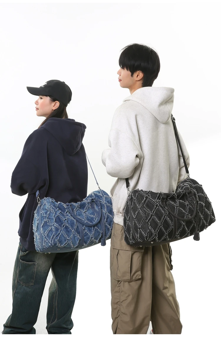 Denim-Reisetasche, modische Reisetasche, Unisex-Umhängetasche, lässige Sporttasche mit einzigartigem, zerrissenem Design, großes Fassungsvermögen, vielseitige Nutzung – Detail 10