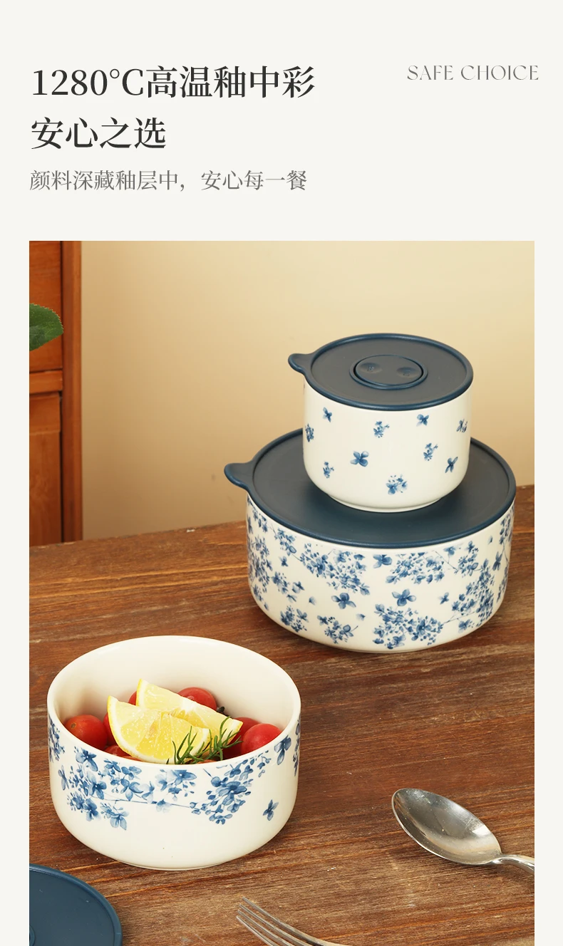 SOLECASA Elegant Blue Underglaze Ceramic Lunch Box, Airtight and Leak-Proof for Office, Picnic, and Meal Prep