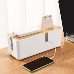 Bamboo Cover Cable Management and Storage Box (White - B)