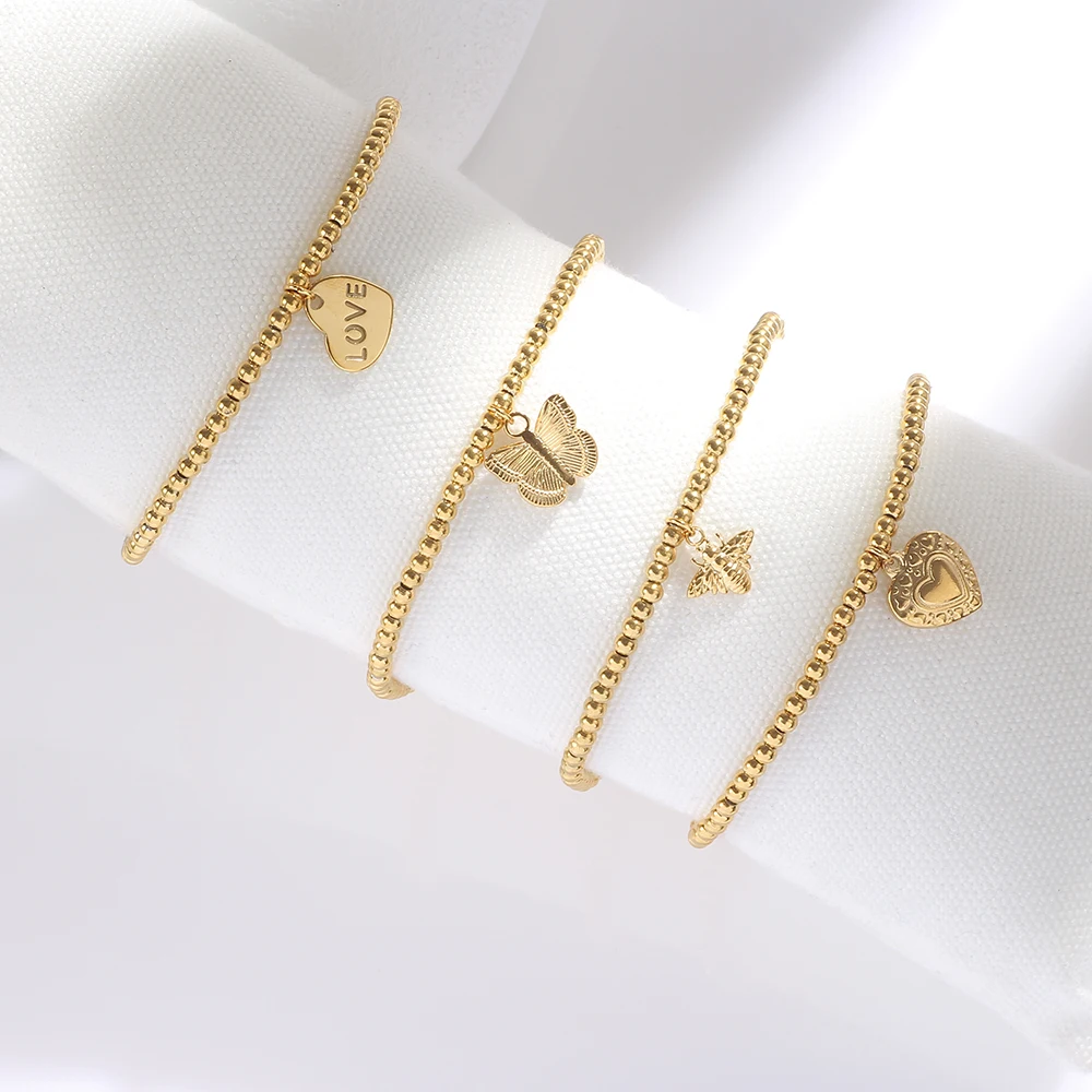 2022 Fashion 18k Gold Stainless Steel Beaded Bracelet For Women Lover Heart Evil Eye Butterfly Pendant Elastic Rope Jewelry