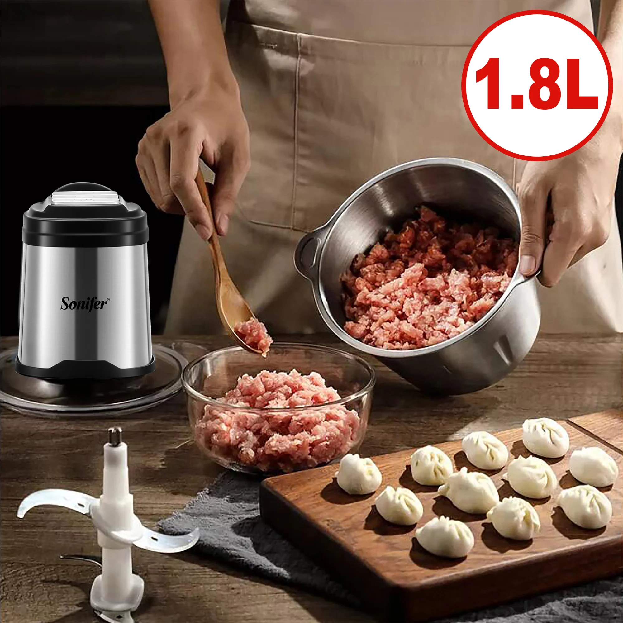 "Sonifer Food Chopper SF-8115 .1.8L high quality stainless steel container .New S blade chopping design 3