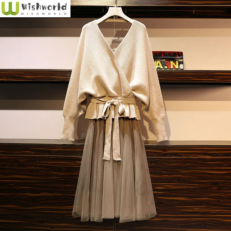

Fashion Casual Women's Suit 2023 Korean Version V-neck Knitting Sweater Mesh Skirt Elegant Women's Two-piece Set