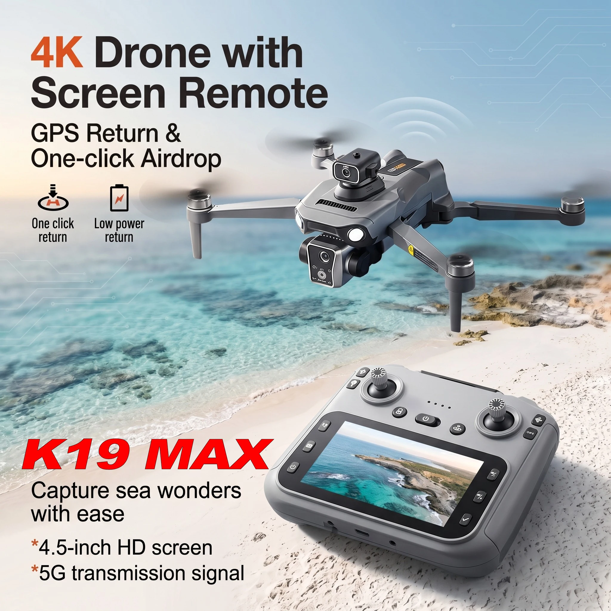 Drone K19 MAX GPS 5G 4K avec écran et largage - 25min vol