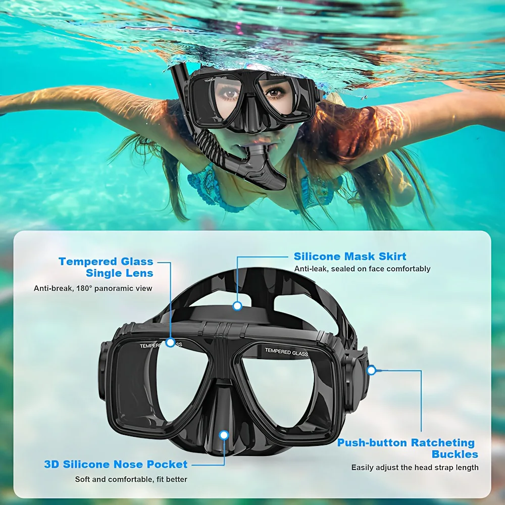 Diving Mask Dry Snorkel Set Large Frame Diving Goggles Anti-Leak Anti-Fog Panoramic Wide View Tempered Glass Lenses Adults Youth