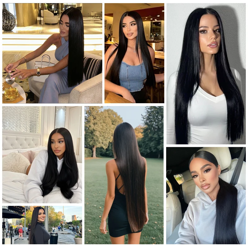Black Hair Weft Hair Extensions Wig Synthetic Seamless Hair Weft Straight Hair Extensions Hairpiece for Women Daily Party Use