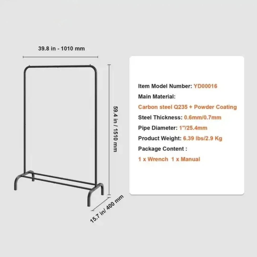 Clothes Rack Garment Length Heavy Duty Clothing Garment Rack with Hanging Rod and Lower Storage Bedroom Black Clothes