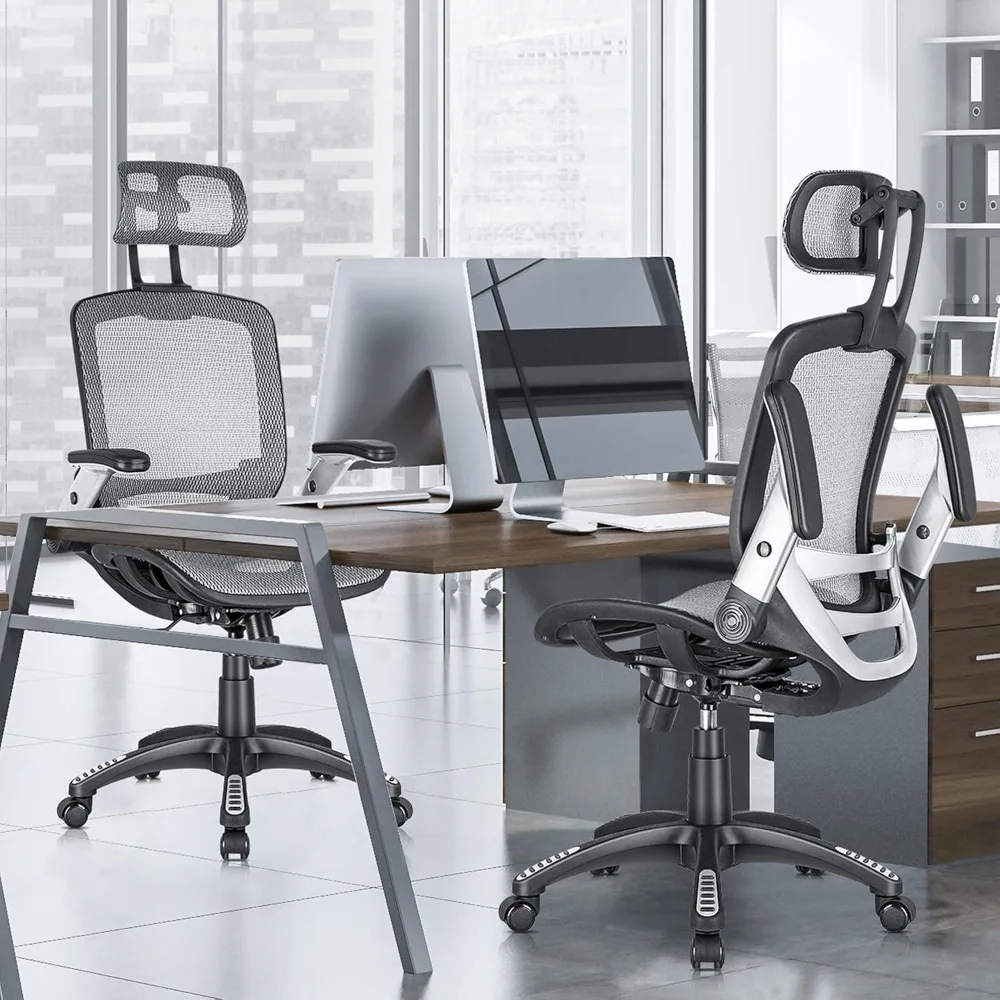 Ergonomic Mesh Office Chair with Headrest, Flip-Up Arms, 90-120° Tilt Lock, Wide Cushion for Big & Tall Users - Grey