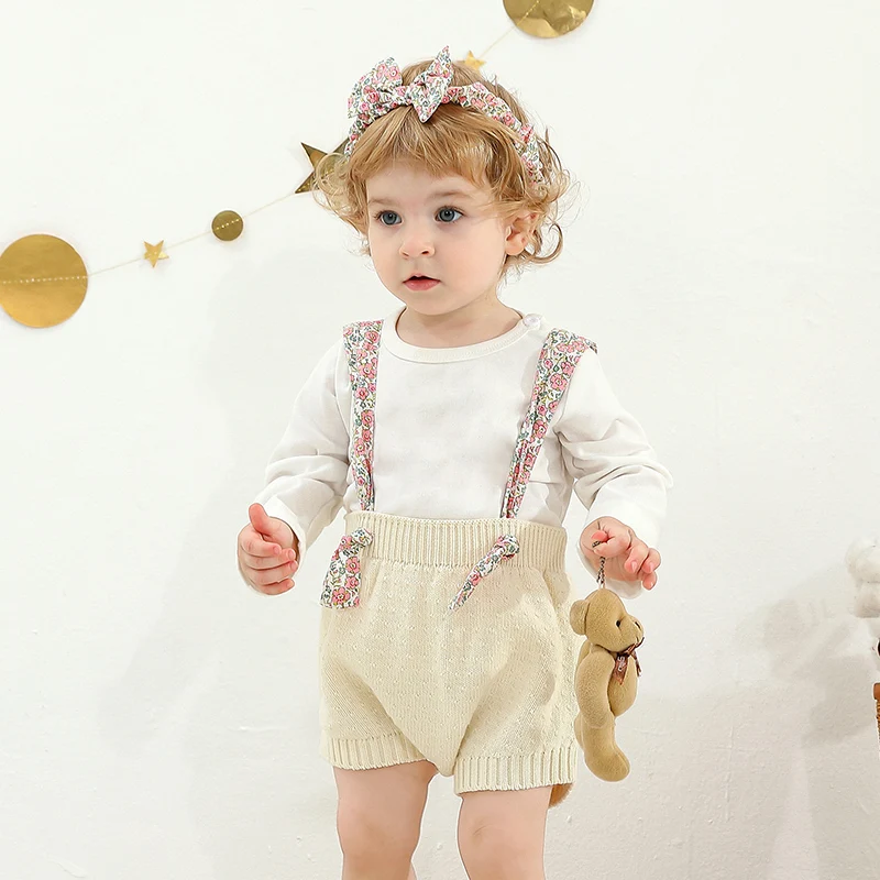 

Baby Romper Cotton Knit Infant Overalls Pants Toddler Suspenders Clothing Headwear 0-18M Newborn Girl Jumpsuit Outfit Shorts 2PC