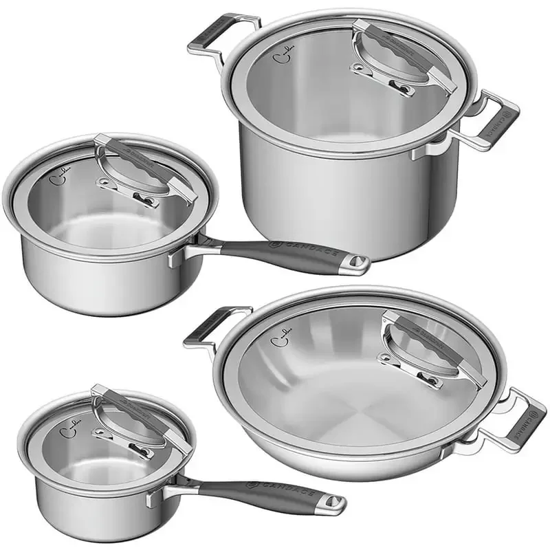 

by Candace 8-Piece Tri-Ply Stainless Steel Luxury Cookware Set featuring Silicone Handles and Glass Lid with Convenient Rim Latc