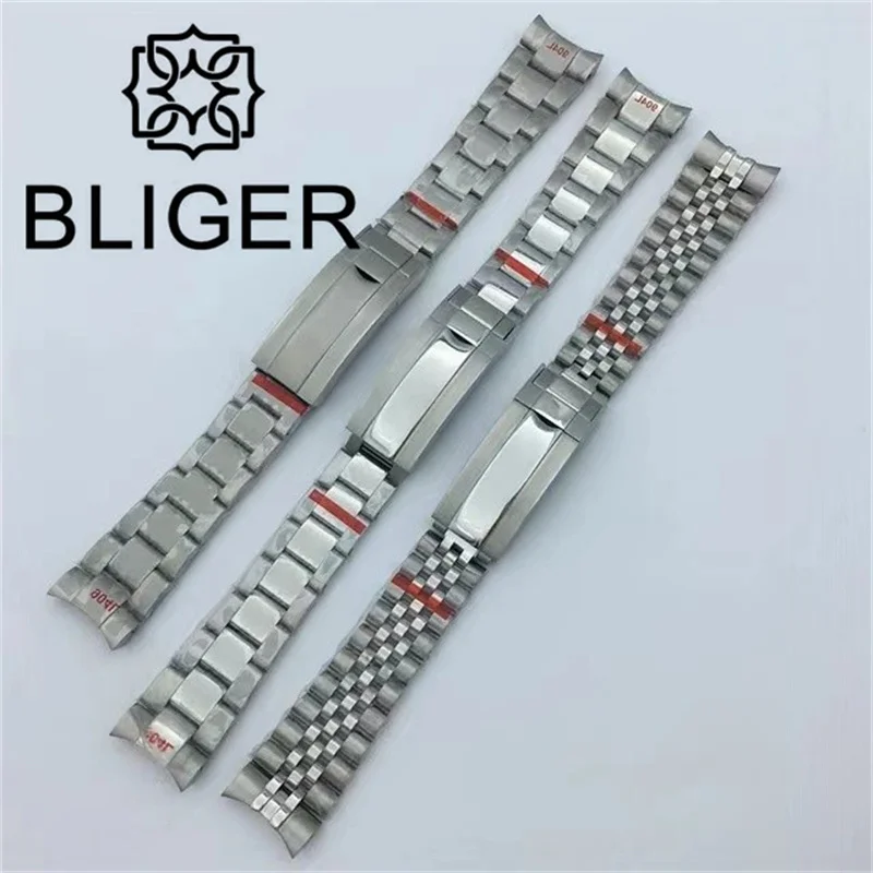 BLIGER 20mm Width Watch Band 904L Stainless Steel Slide Folding Buckle Polished Center Link/Brushed Oyster Jubilee Bracelet