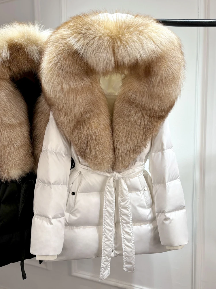 2025 Luxury Winter Large Natural Silver Fox Fur Hooded 90% Goose Down Jacket Women Thickened Warm Coat Waterproof Belted Parkas