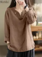 Vintage Women Cotton Blouse Autumn V Neck Long Sleeve Tops 2025 ZANZEA Retro Solid Loose Shirt Female Work Tunic Blusas Mujer - Image 2