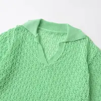 Women Jacquard Solid Knitted Hollow Out Pullover Sweater Vintage Lapel Neck Short Sleeve Female Chic Lady Tops - Image 3