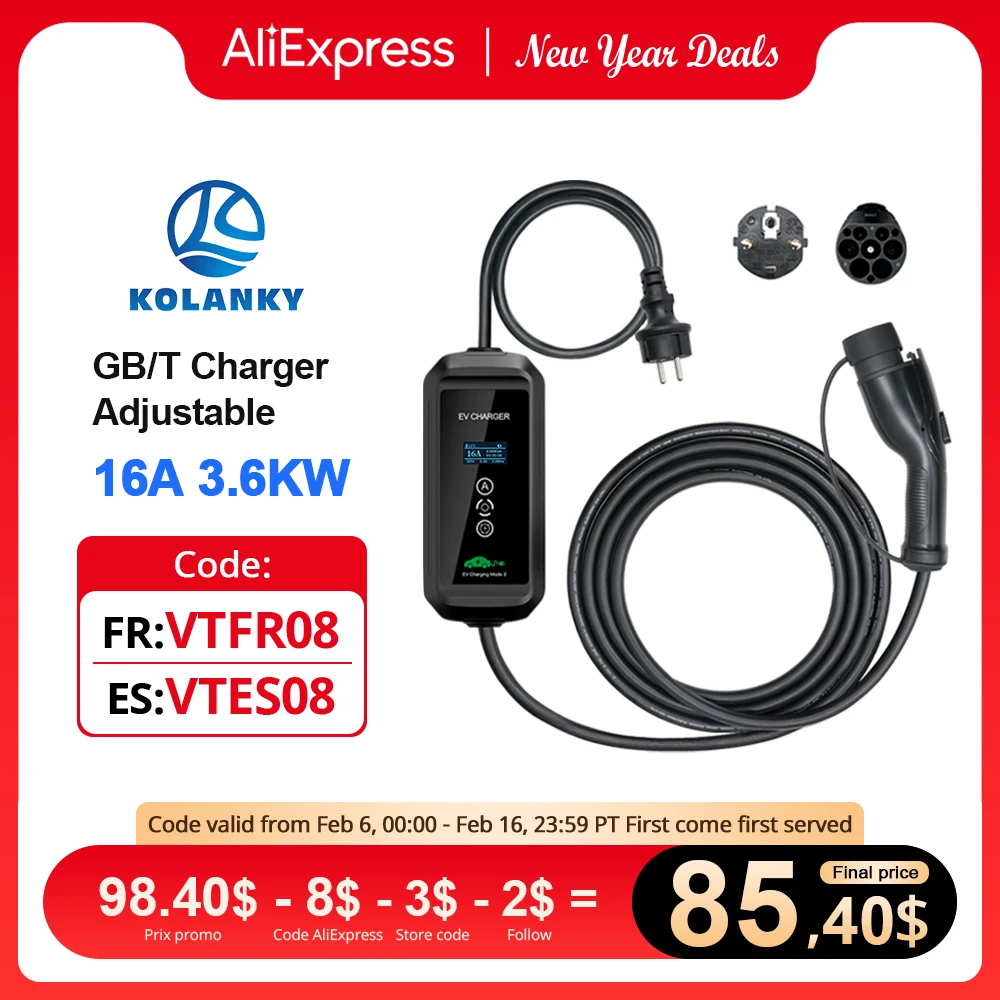 Kolanky Ev Charger 16A 3.6Kw Gbt/Tipo 1/Tipo 2 Ricarica Portatile Wallbox Veicolo Elettrico Hrbrid Phev Cable 5M Cable Schuko Plug