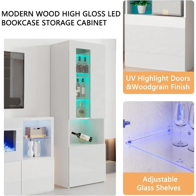 Description Picture 6 of item3 Piece Modern High Gloss Fireplace TV Stand + Bookcase Set Includes 68" TV Stand with 40" Fireplace, 2 X Bookcase w/ Doors