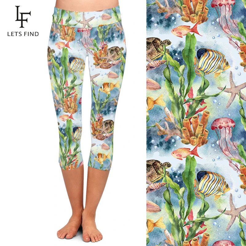 LETSFIND Summer 3D Sea Animals Printing Women Fitness Capri Leggings Fashion High Waist  Mid-Calf Leggings