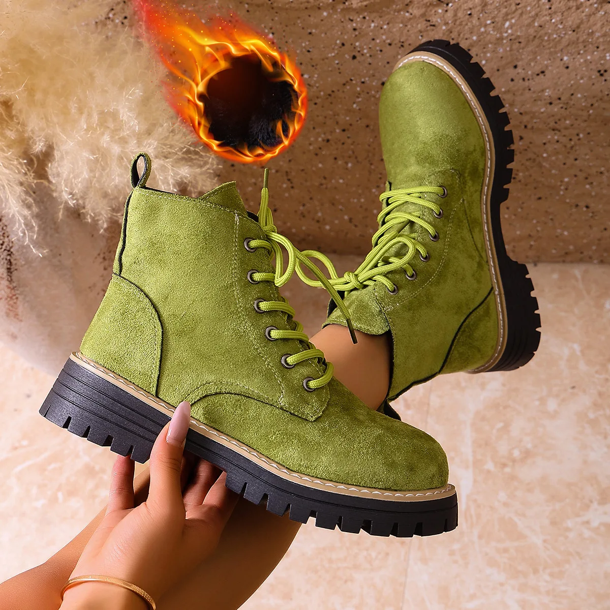 Autumn Winter Warm Plush Ankle Boots Women Plus Size 36-43 Faux Suede Platform Boots Woman Non Slip Lace Up Short Booties Mujer