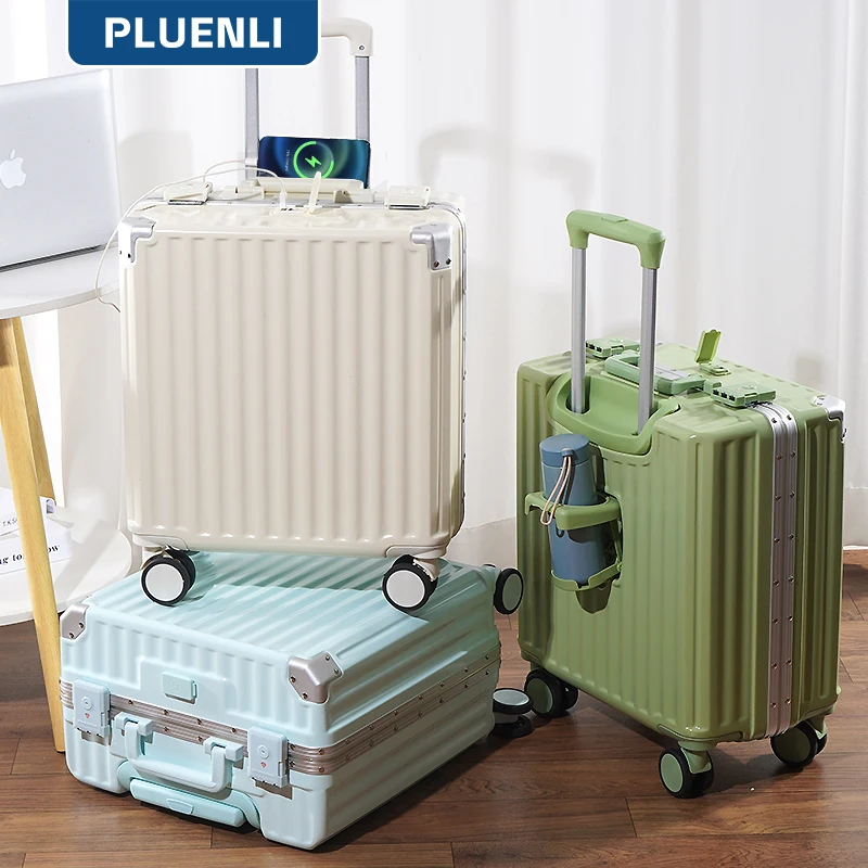 

PLUENLI Luggage Women's Small Trolley Case Cup Holder Aluminum Frame Password Men's Suitcase Strong Rechargeable Boarding Bag