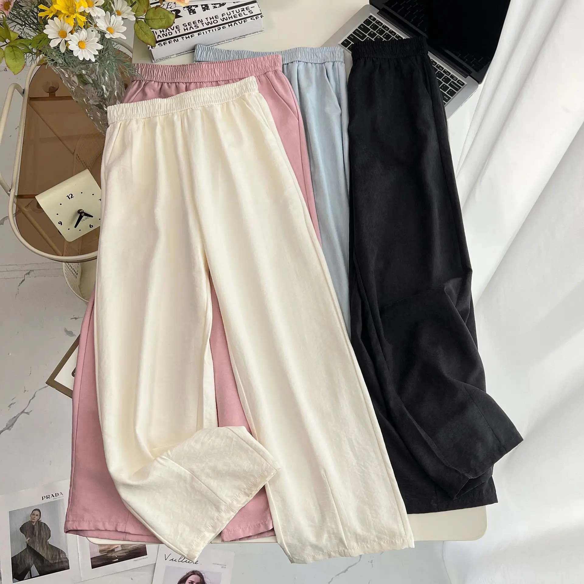 100KG New Summer Wide Leg Trousers Casual Thin Plus Size Women's Straight Long Pants 8026