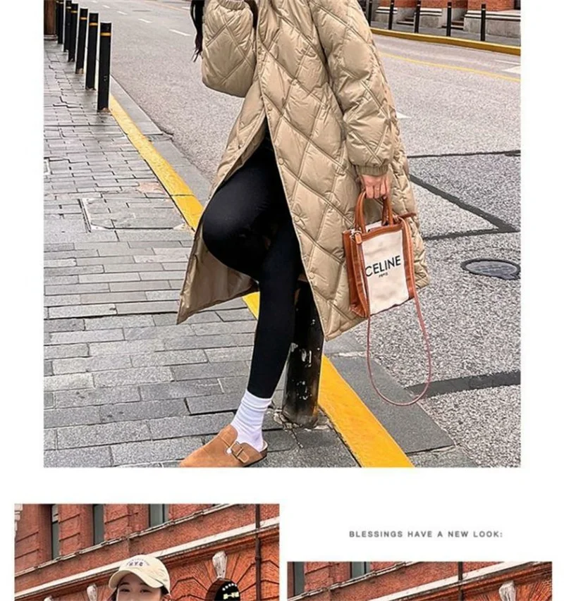 2025 Autumn Winter New Down Cotton Jacket Women's Long Over Knee Loose Jacket Diamond Grid Quilted Jacket Fake Two-Piece Parka