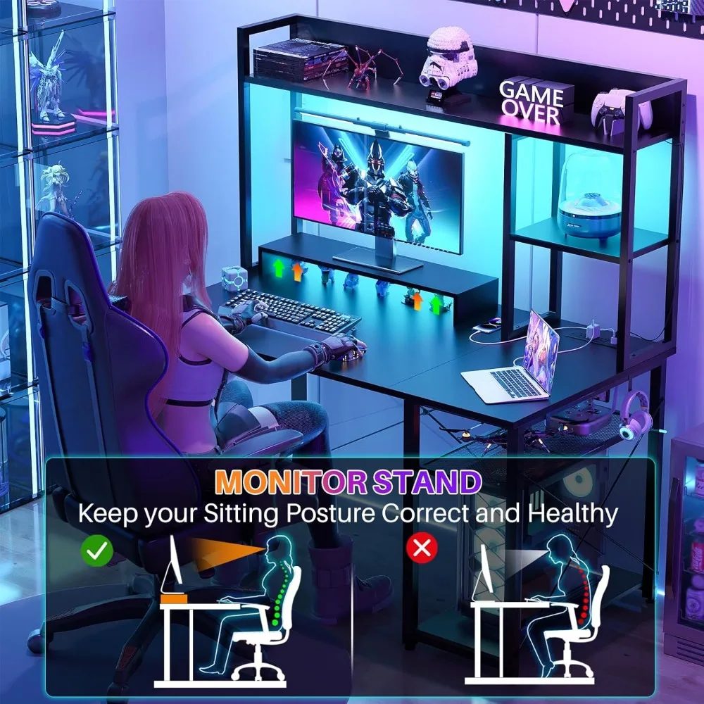 Computer Desk with LED Lights & Power Outlets, Home Office Desk with Reversible 5 Tiers Storage Shelves & Monitor Stand 5