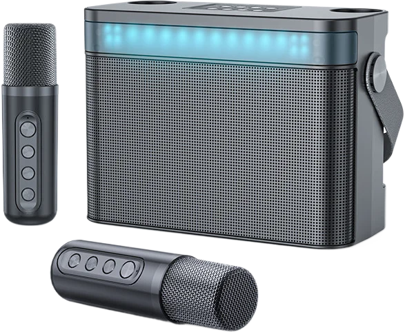 360° Home Karaoke System Portable BT Speaker with 2 Wireless Mics Colorful Light Show Powerful Bass for Family Fun