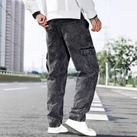Jean ample en denim pour homme, taille haute, coupe droite, noir/gris, grandes poches, style urbain, grande taille, pantalon long, automne-hiver 4