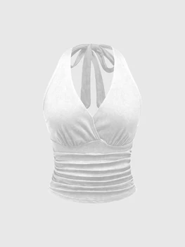 Plus Size Women's Halter Neck Ruched Crop Top V Neck Tie Back Sleeveless Blouse