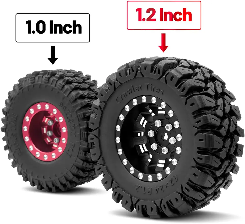 thumbnail image 2 of 1.2 Beadlock Wheels & Tires For TRX4M SCX24 RC Crawlers - 4 Offsets Aluminum Rims (4pc Black) 2 of 9