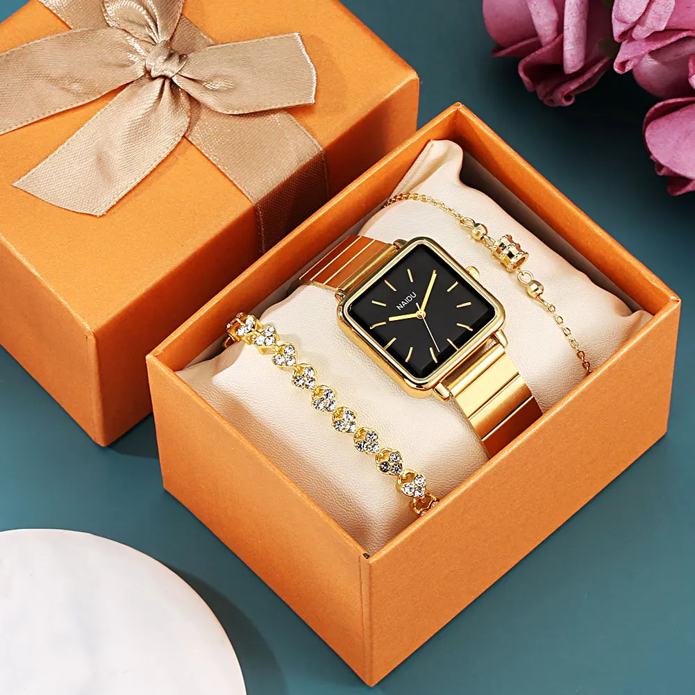 Quartz Wrist Watch for Women Luxury Golden Watch Bracelet Gift Set for Women Fashion Square Dial Simple Elegant Ladies Watches