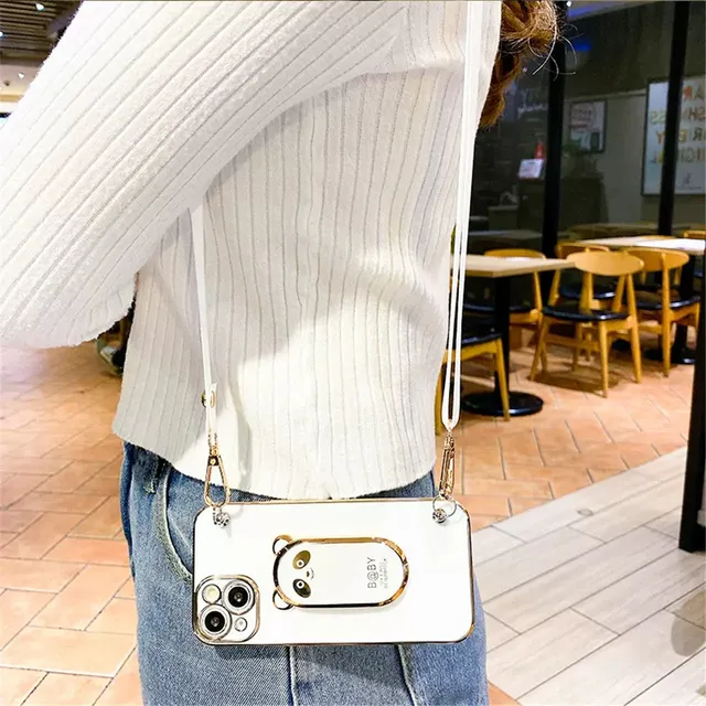 Funda con soporte de Panda con cordón para Xiaomi Redmi Note 11, 11S, 10, 9 Pro, 10S, 9S, 10, 9T, 9A, 9C, Mi POCO X3, F3, M3, 11T, cubierta suave con soporte chapado - Image 3