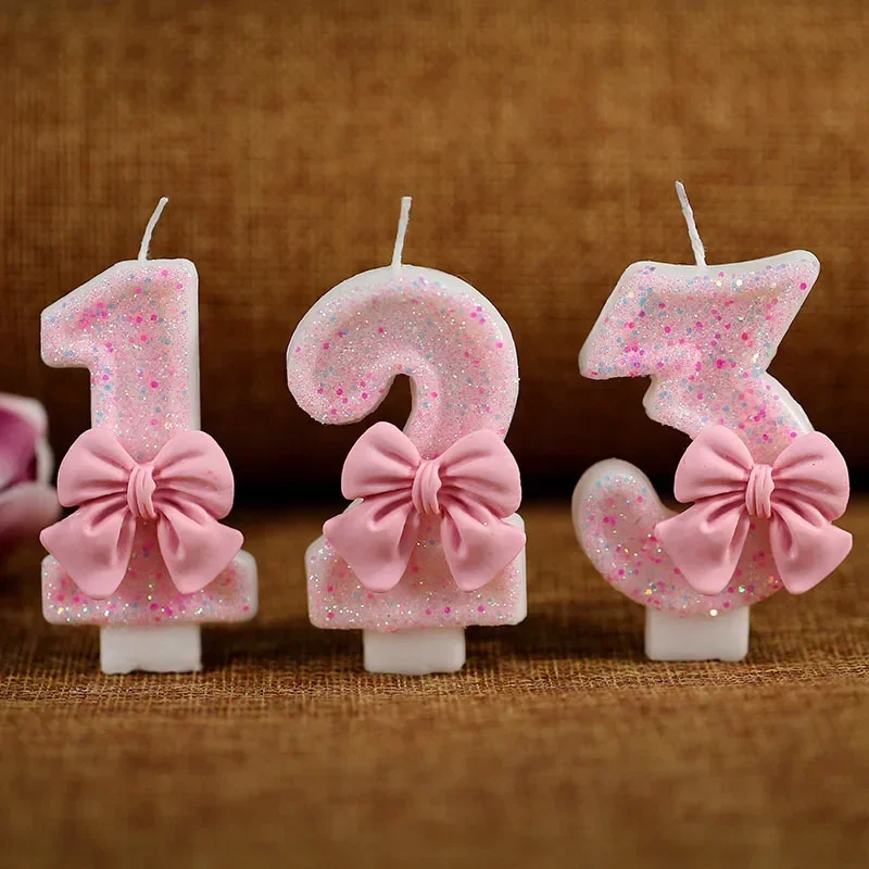 Fliege, Zahlenkuchen, Kerze, rosa Glitzer, Geburtstagskerze, 1, 2, 3, 4, 5, 6, 7, 8, 9, 3D-Zahlenkerze, Kuchendekoration, Geburtstagsparty, Kuchendekoration – Detail 1