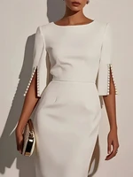 Women's Solid Color Elegant Round Neck Half Sleeve Beaded Decorated Slim Fit Midi Dress - Image 2
