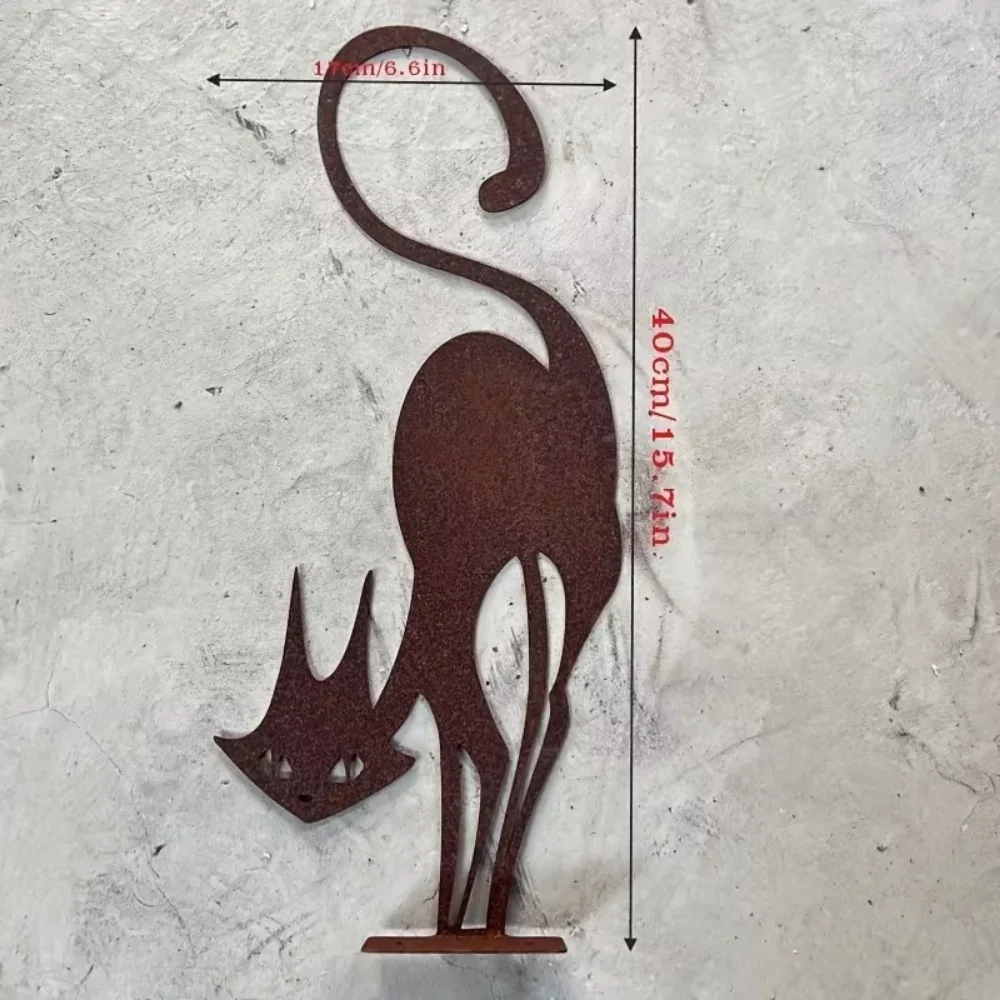 Rusty Wrought Iron Cat Halloween Fence Ornament - Garden Decor