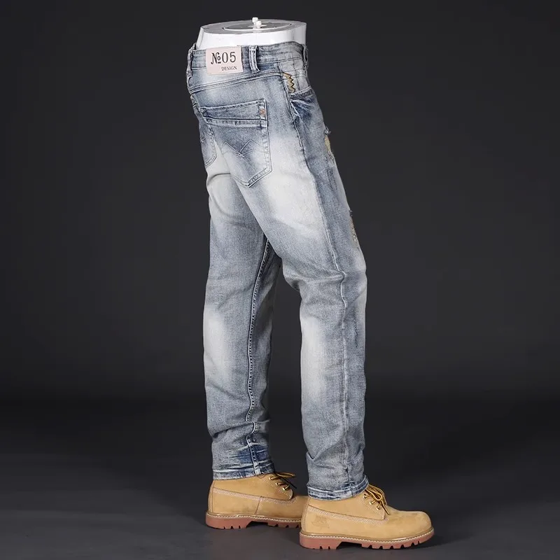 fashion designer men jeans high quality retro washed blue stretch slim fit ripped jeans men patched vintage denim pants hombre Newly Designer Fashion Men Jeans Retro Washed Blue Stretch Slim Fit Ripped Jeans Men Embroidery Patched Vintage Denim Pants