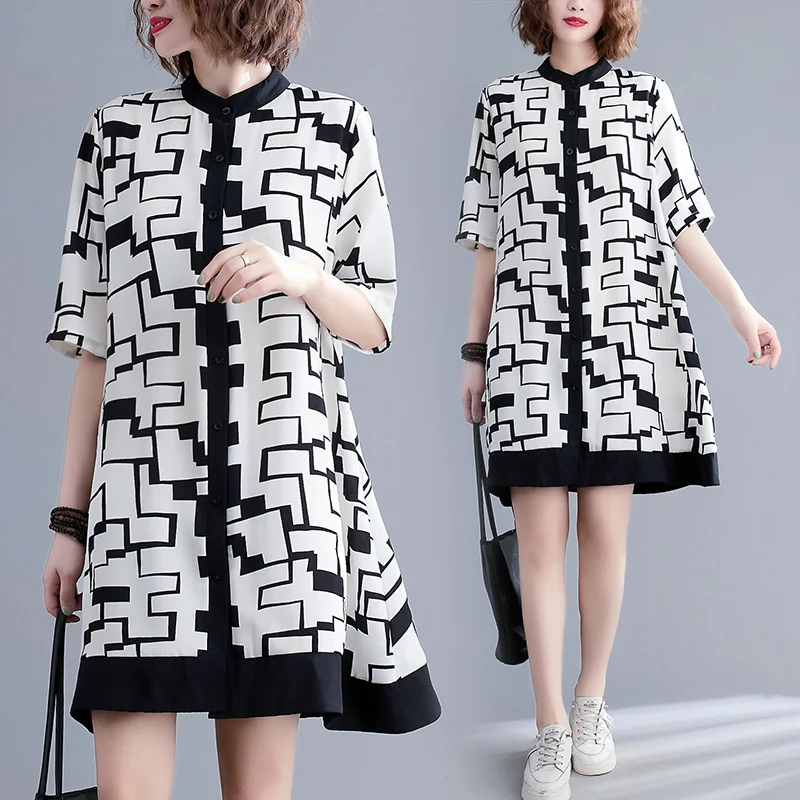 

#3231 летнее шифоновое платье, женское Повседневное платье-рубашка с коротким рукавом и принтом, свободные сексуальные короткие женские платья с воротником-стойкой в Корейском стиле