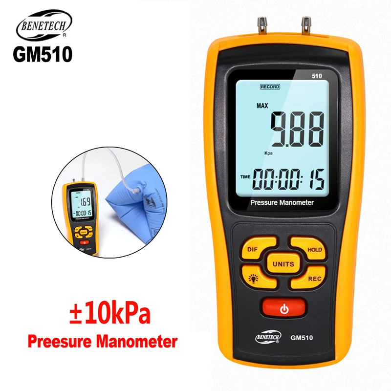 

BENETECH Pressure Manometer Pressure Gauge Manometer Pressure Differential Tester Handheld Digital Gauges Manometer GM510 Tools