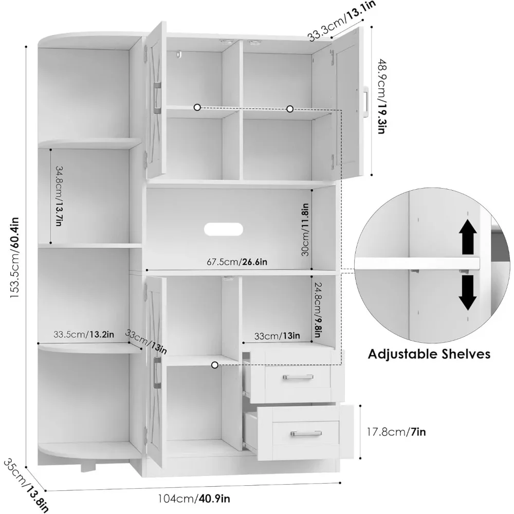 60.4" Farmhouse Kitchen Storage Cabinet, Freestanding Cabinet with Doors and Shelves, White 3