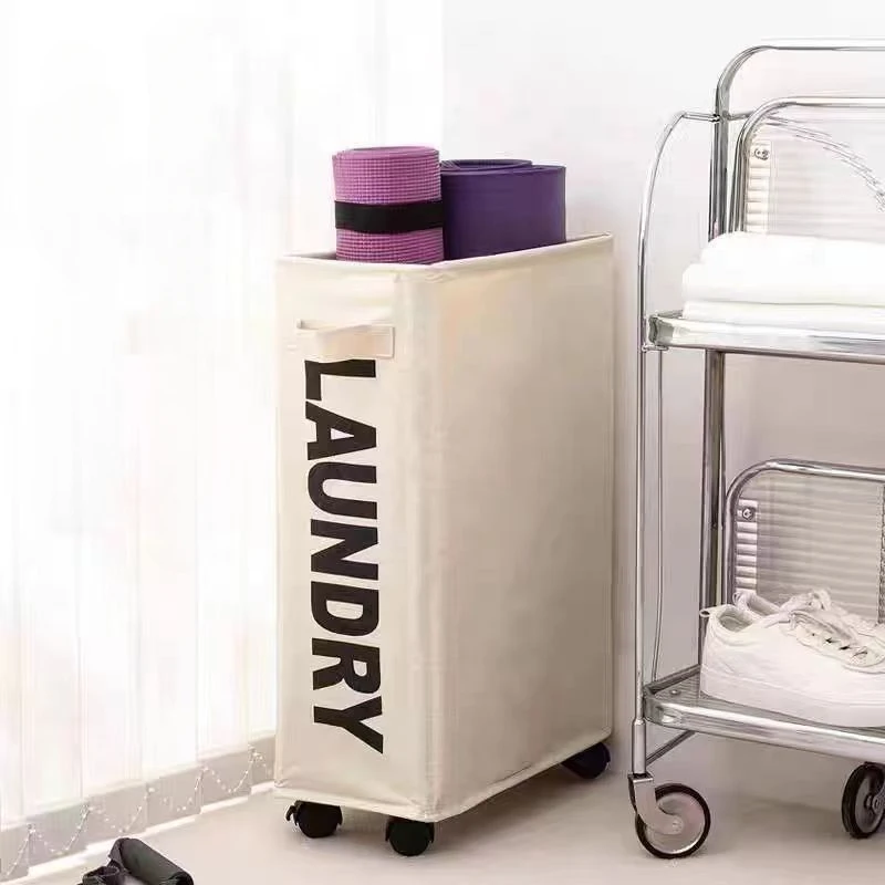 

Rolling Slim Storage Basket with Stand Foldable Waterproof Sorter and Organizer on Wheels Tall Thin Dirty Laundry Hamper Basket