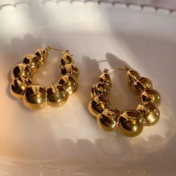 Vintage Punk Gold Plated Chunky Beaded Hoop Earrings for Women, Lightweight Stainless Steel Statement Jewelry (Gold)
